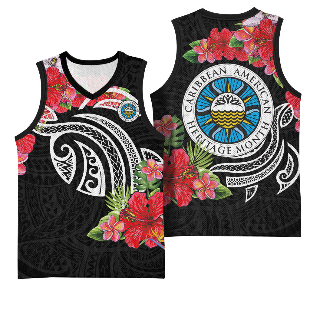 Caribbean American Heritage Month Basketball Jersey Tropical Hibiscus Flower Tribal Tattoo