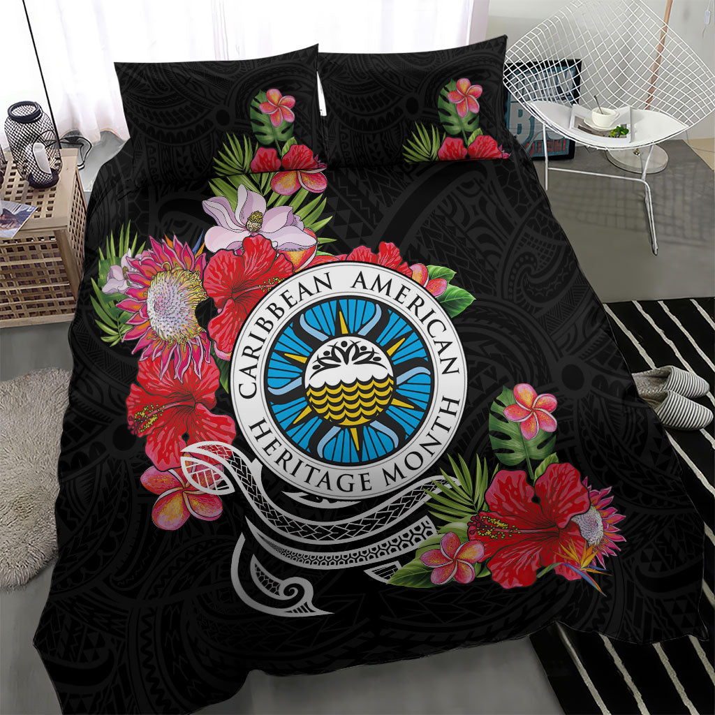Caribbean American Heritage Month Bedding Set Tropical Hibiscus Flower Tribal Tattoo