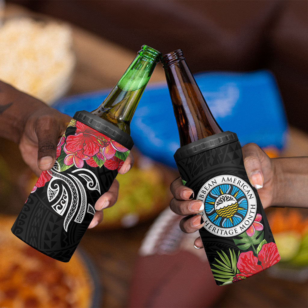 Caribbean American Heritage Month 4 in 1 Can Cooler Tumbler Tropical Hibiscus Flower Tribal Tattoo