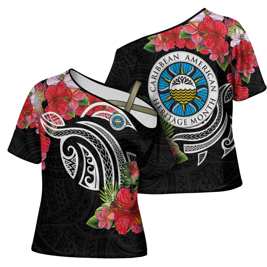 Caribbean American Heritage Month Cross Shoulder Shirt Tropical Hibiscus Flower Tribal Tattoo