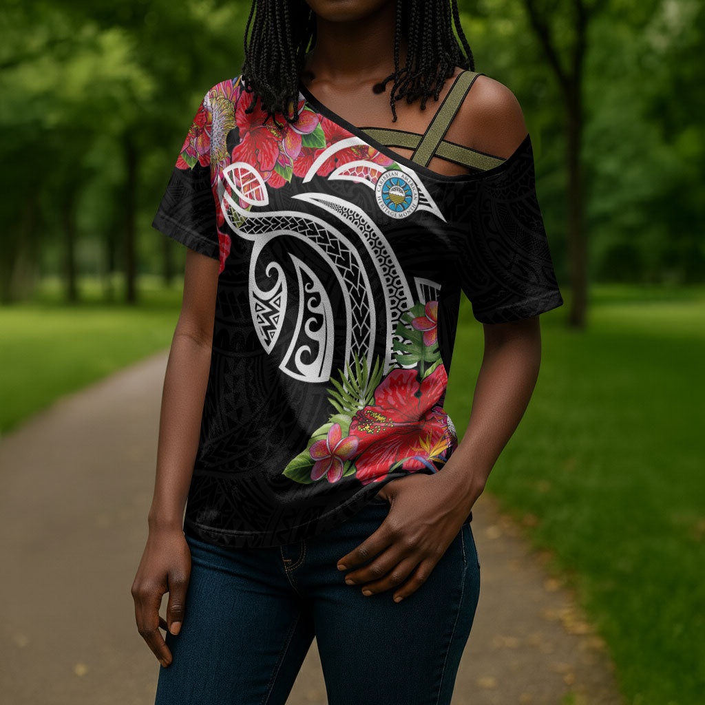 Caribbean American Heritage Month Cross Shoulder Shirt Tropical Hibiscus Flower Tribal Tattoo