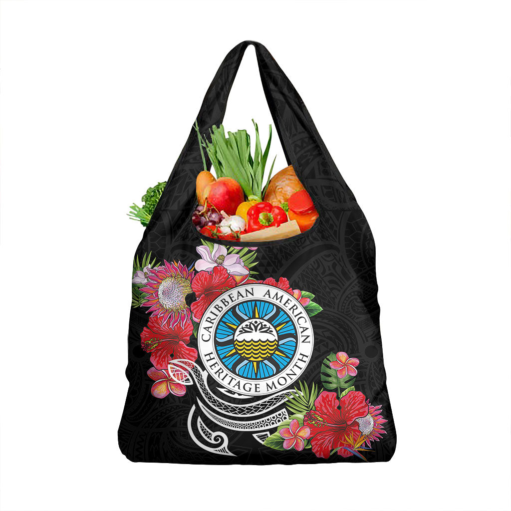 Caribbean American Heritage Month Grocery Bag Tropical Hibiscus Flower Tribal Tattoo