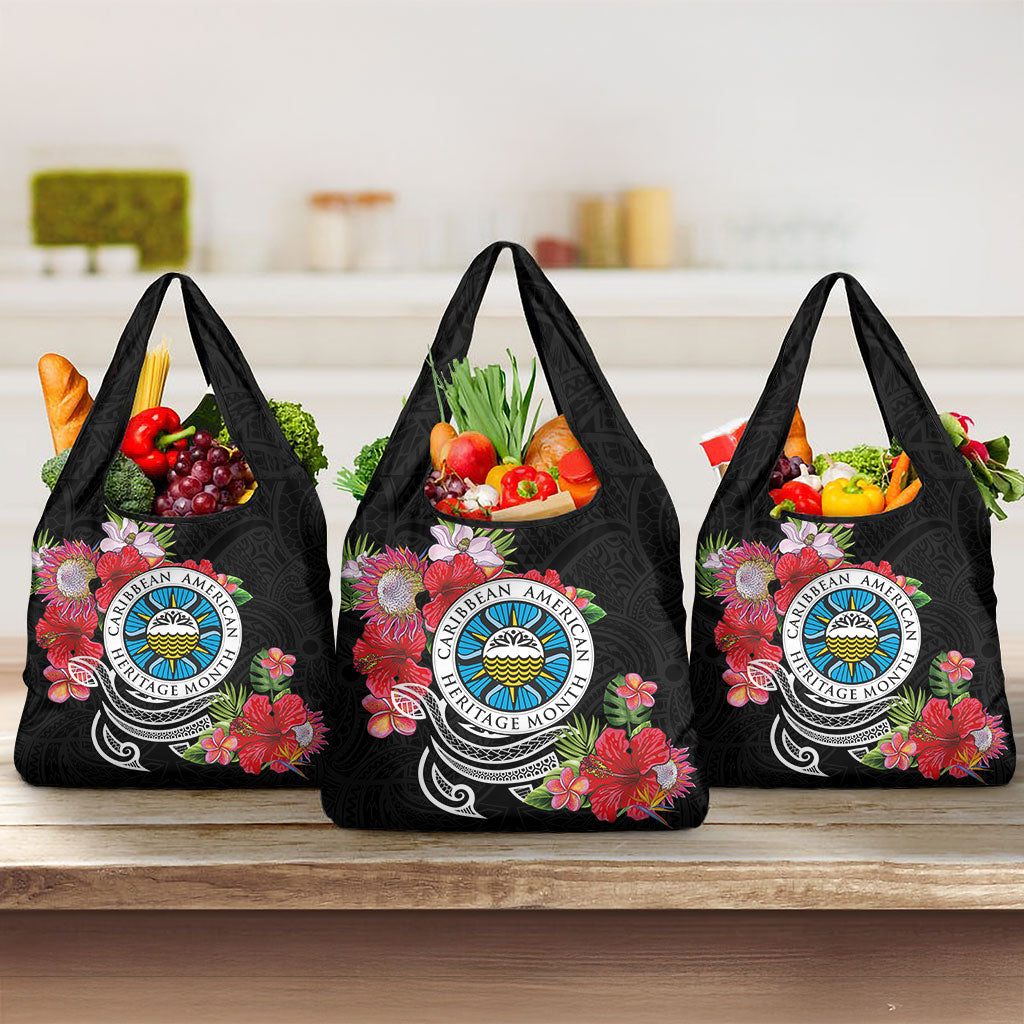 Caribbean American Heritage Month Grocery Bag Tropical Hibiscus Flower Tribal Tattoo
