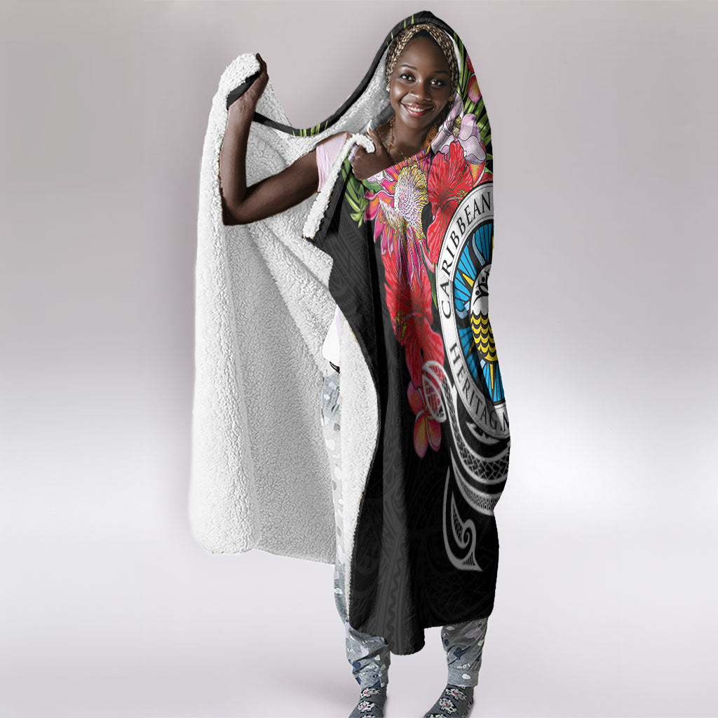 Caribbean American Heritage Month Hooded Blanket Tropical Hibiscus Flower Tribal Tattoo