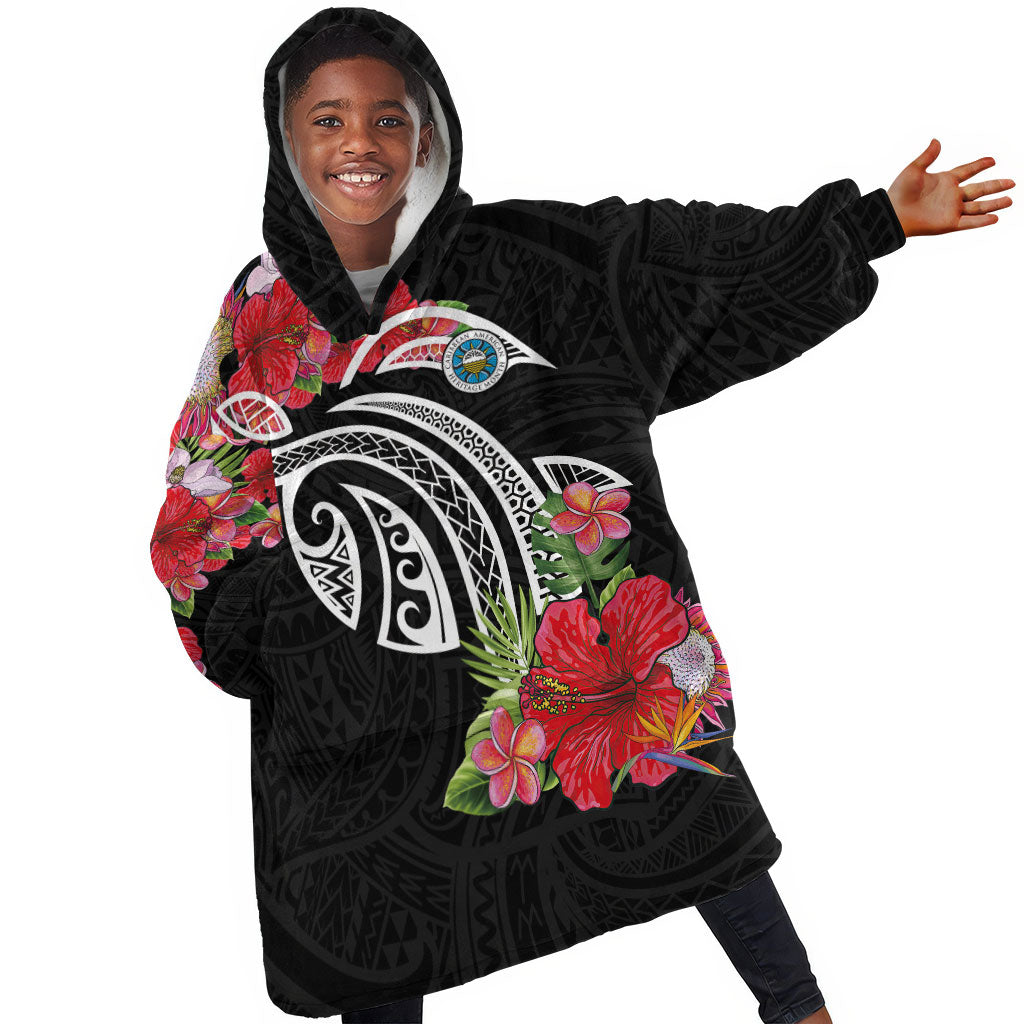 Caribbean American Heritage Month Kid Wearable Blanket Hoodie Tropical Hibiscus Flower Tribal Tattoo