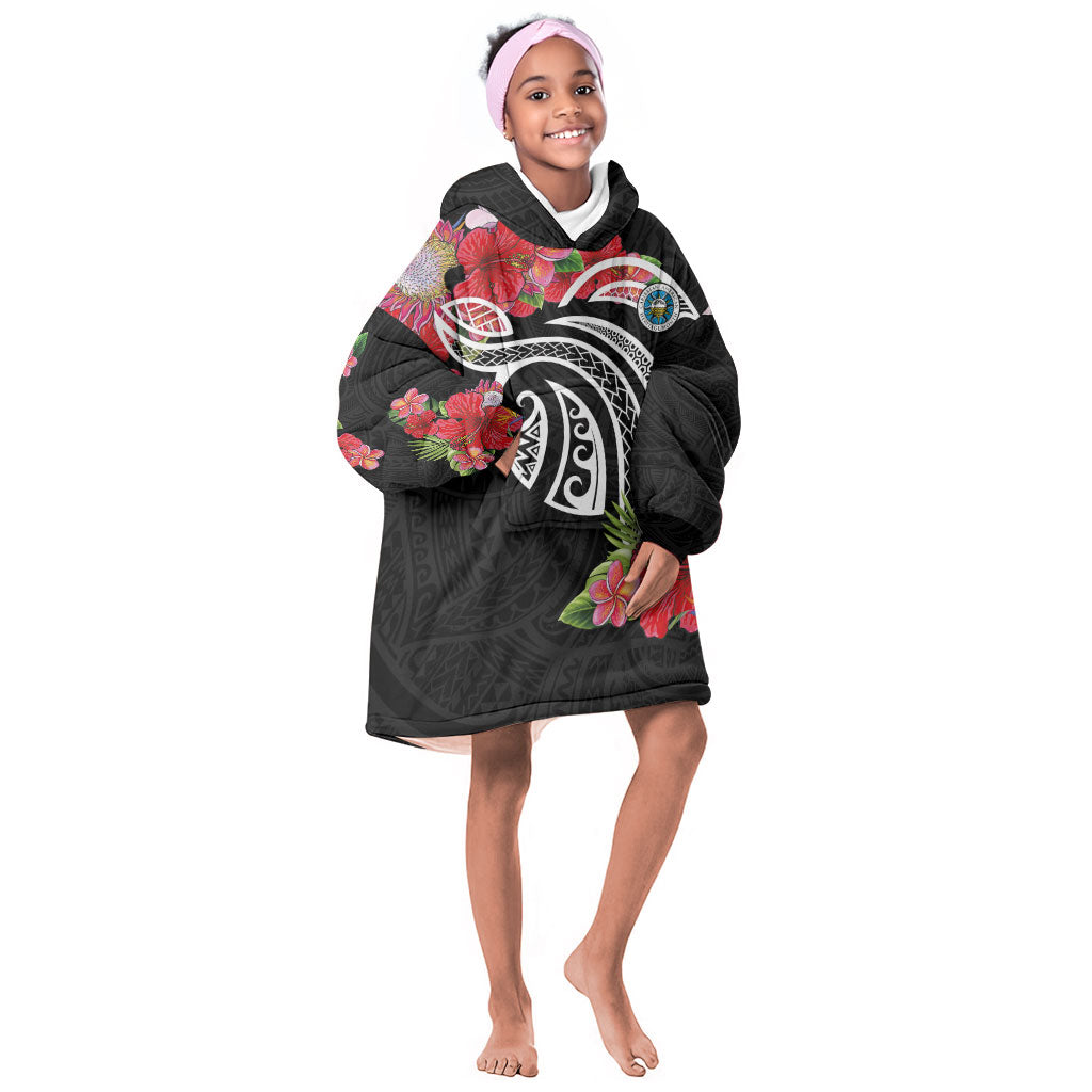 Caribbean American Heritage Month Kid Wearable Blanket Hoodie Tropical Hibiscus Flower Tribal Tattoo