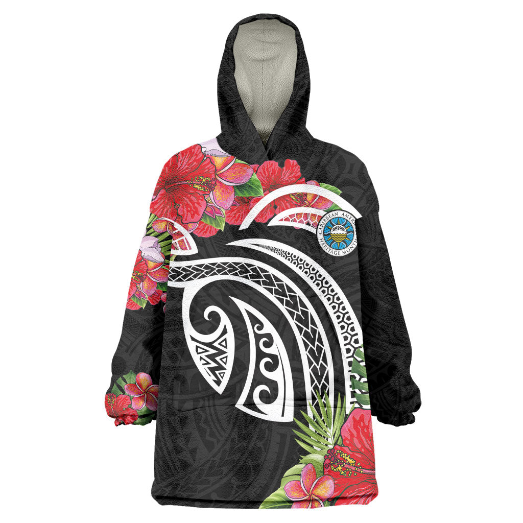 Caribbean American Heritage Month Kid Wearable Blanket Hoodie Tropical Hibiscus Flower Tribal Tattoo