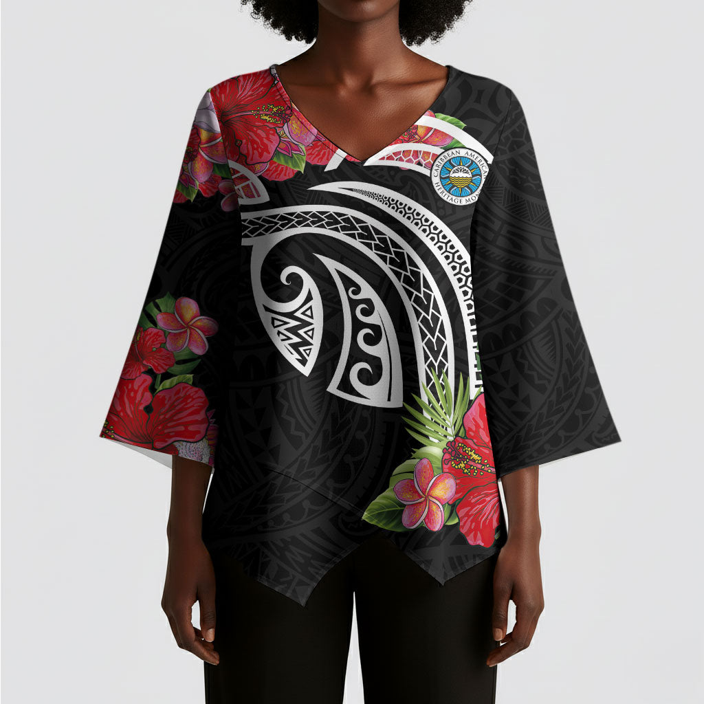 Caribbean American Heritage Month Kimono Sleeve Blouse Tropical Hibiscus Flower Tribal Tattoo