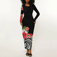 Caribbean American Heritage Month Long Sleeve Bodycon Dress Tropical Hibiscus Flower Tribal Tattoo