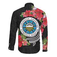 Caribbean American Heritage Month Long Sleeve Button Shirt Tropical Hibiscus Flower Tribal Tattoo