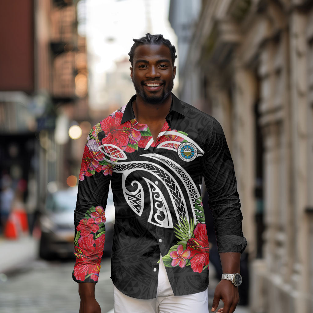 Caribbean American Heritage Month Long Sleeve Button Shirt Tropical Hibiscus Flower Tribal Tattoo