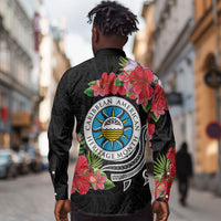 Caribbean American Heritage Month Long Sleeve Button Shirt Tropical Hibiscus Flower Tribal Tattoo
