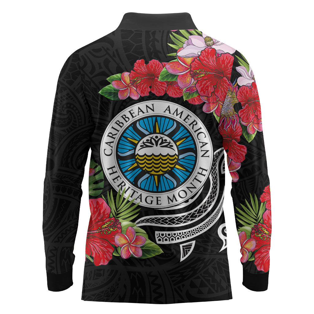 Caribbean American Heritage Month Long Sleeve Polo Shirt Tropical Hibiscus Flower Tribal Tattoo