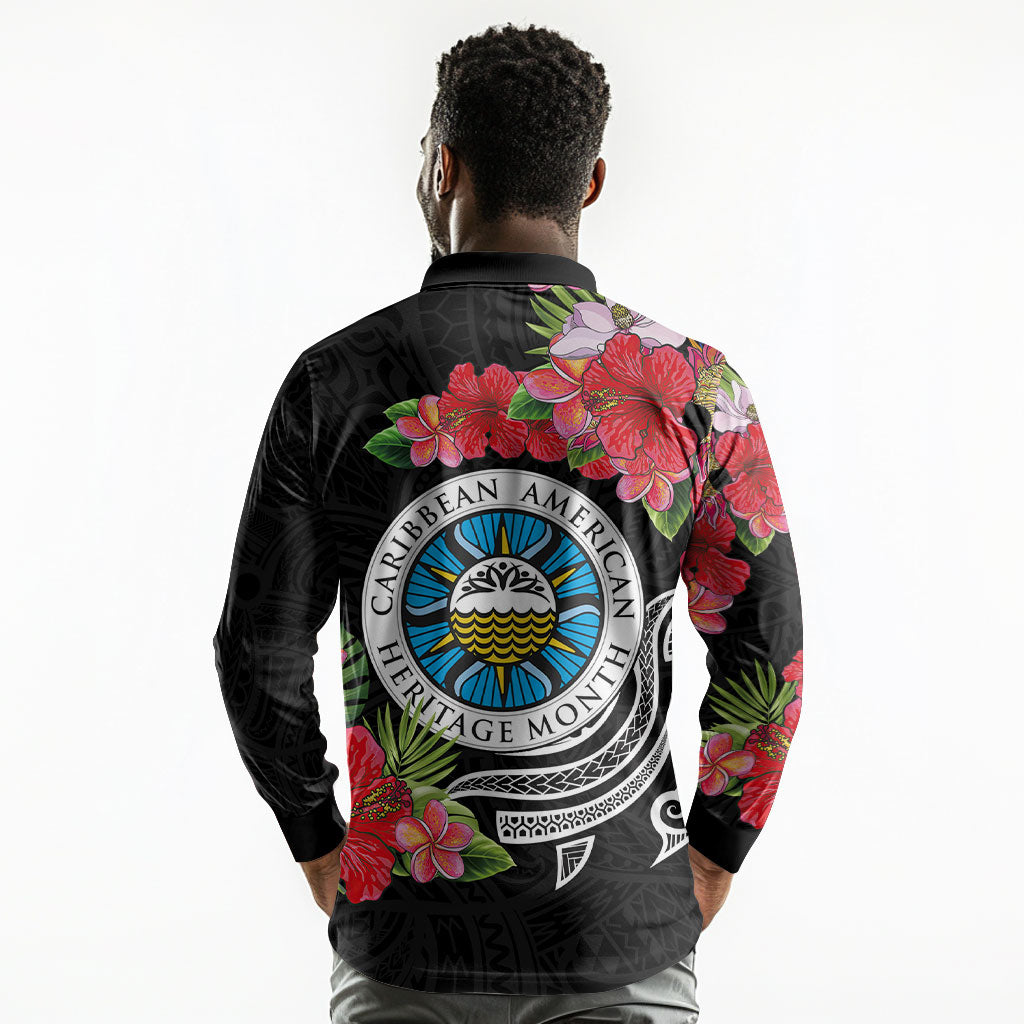 Caribbean American Heritage Month Long Sleeve Polo Shirt Tropical Hibiscus Flower Tribal Tattoo