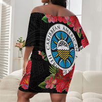 Caribbean American Heritage Month Off Shoulder Short Dress Tropical Hibiscus Flower Tribal Tattoo