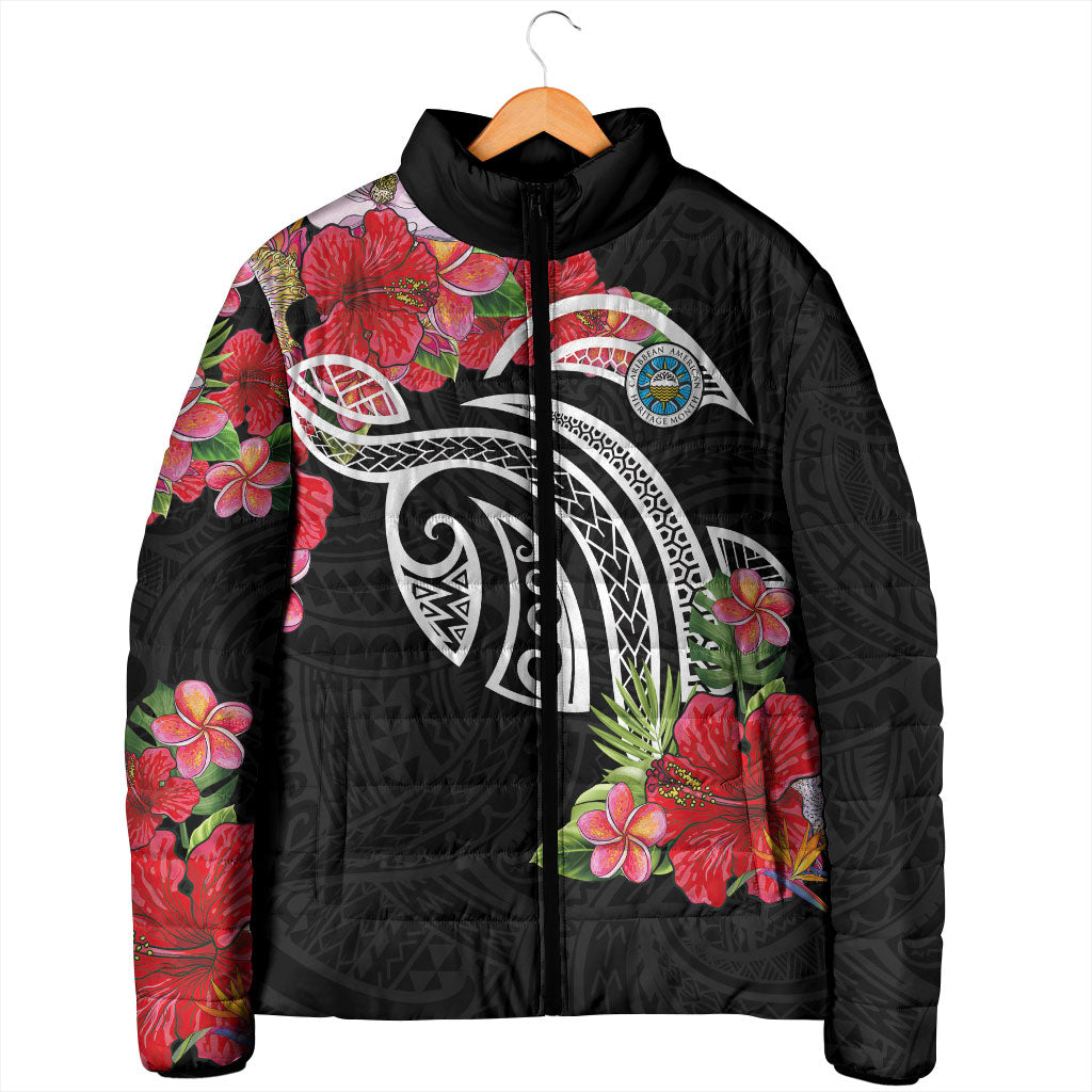 Caribbean American Heritage Month Padded Jacket Tropical Hibiscus Flower Tribal Tattoo