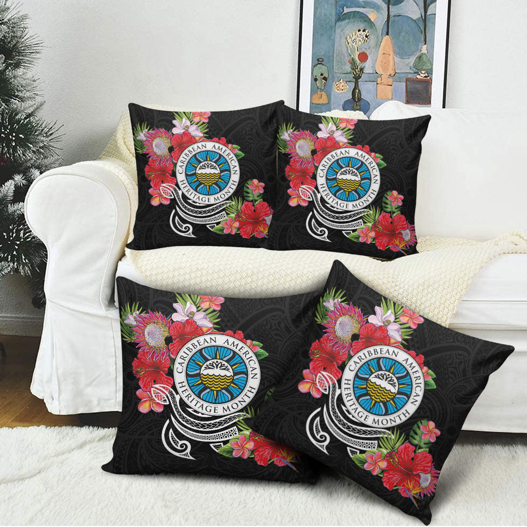 Caribbean American Heritage Month Pillow Cover Tropical Hibiscus Flower Tribal Tattoo