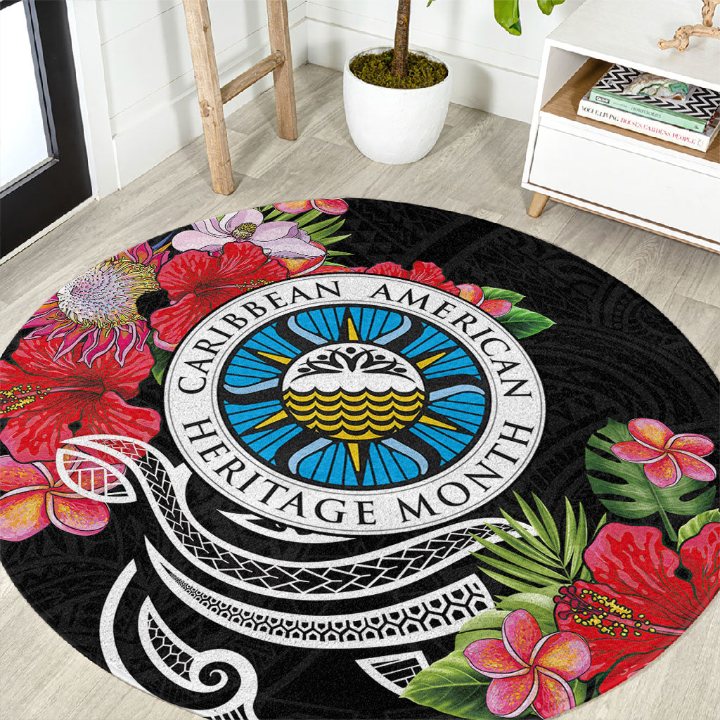 Caribbean American Heritage Month Round Carpet Tropical Hibiscus Flower Tribal Tattoo