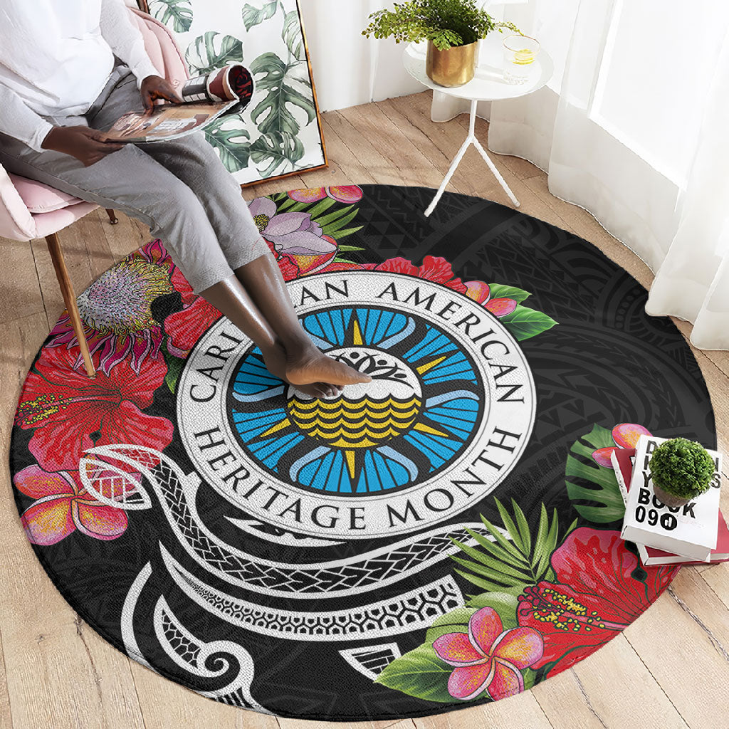Caribbean American Heritage Month Round Carpet Tropical Hibiscus Flower Tribal Tattoo