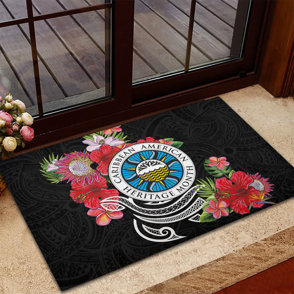 Caribbean American Heritage Month Rubber Doormat Tropical Hibiscus Flower Tribal Tattoo