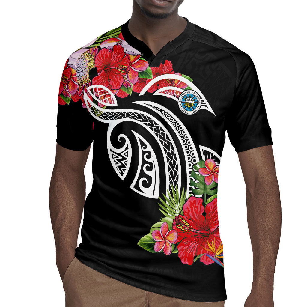 Caribbean American Heritage Month Rugby Jersey Tropical Hibiscus Flower Tribal Tattoo