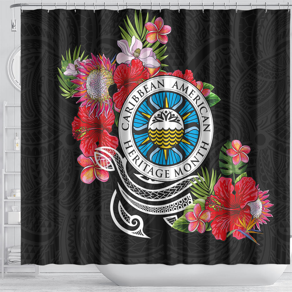 Caribbean American Heritage Month Shower Curtain Tropical Hibiscus Flower Tribal Tattoo