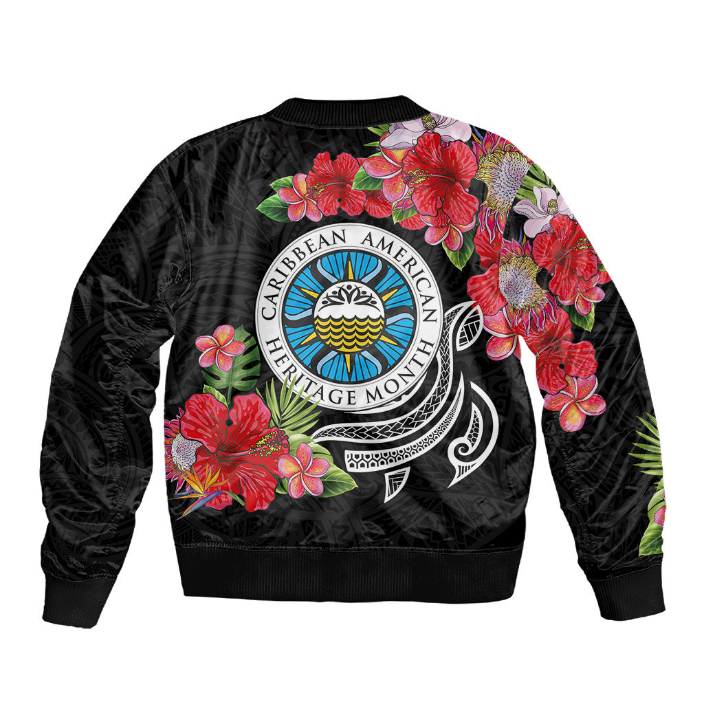 Caribbean American Heritage Month Sleeve Zip Bomber Jacket Tropical Hibiscus Flower Tribal Tattoo
