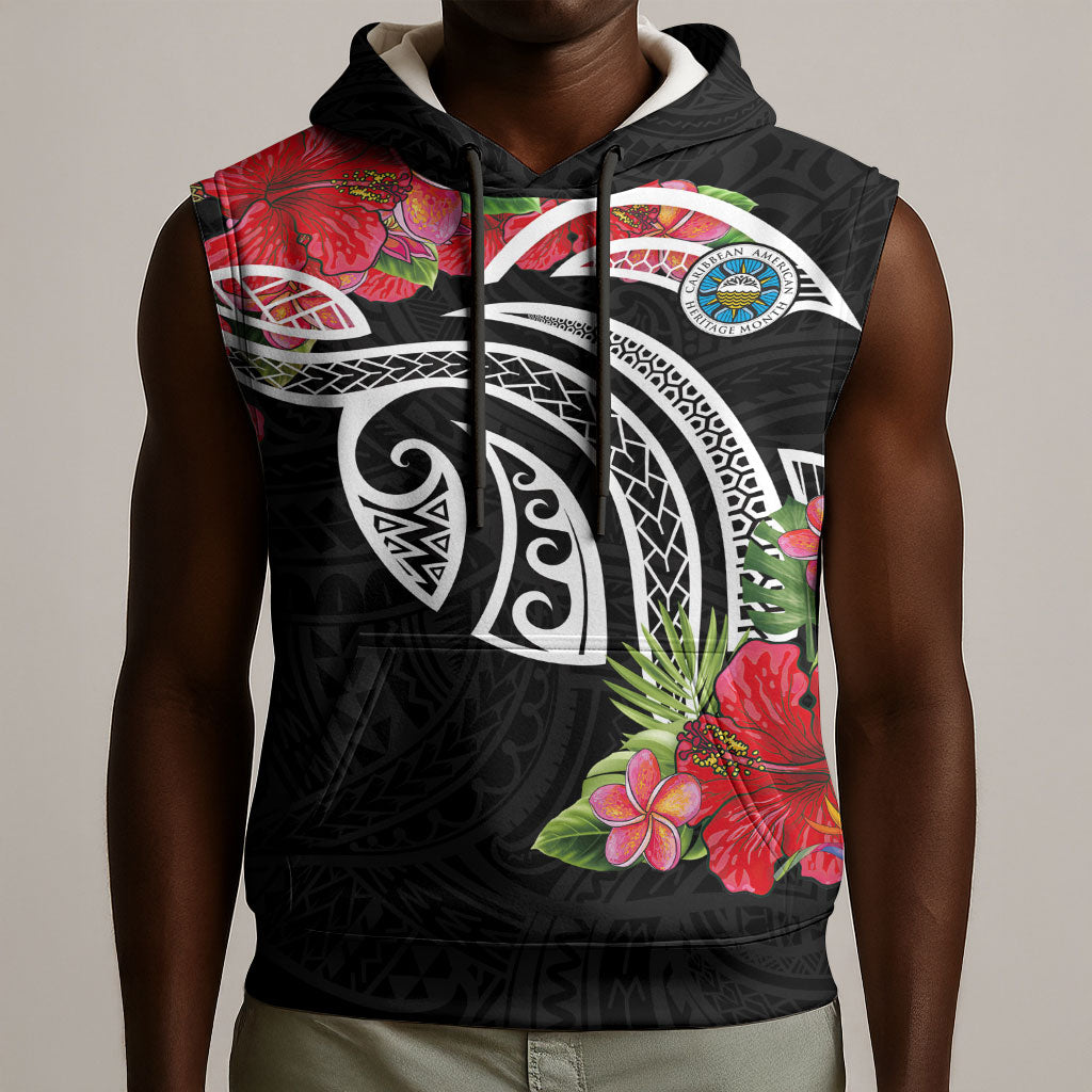 Caribbean American Heritage Month Sleeveless Hoodie Tropical Hibiscus Flower Tribal Tattoo