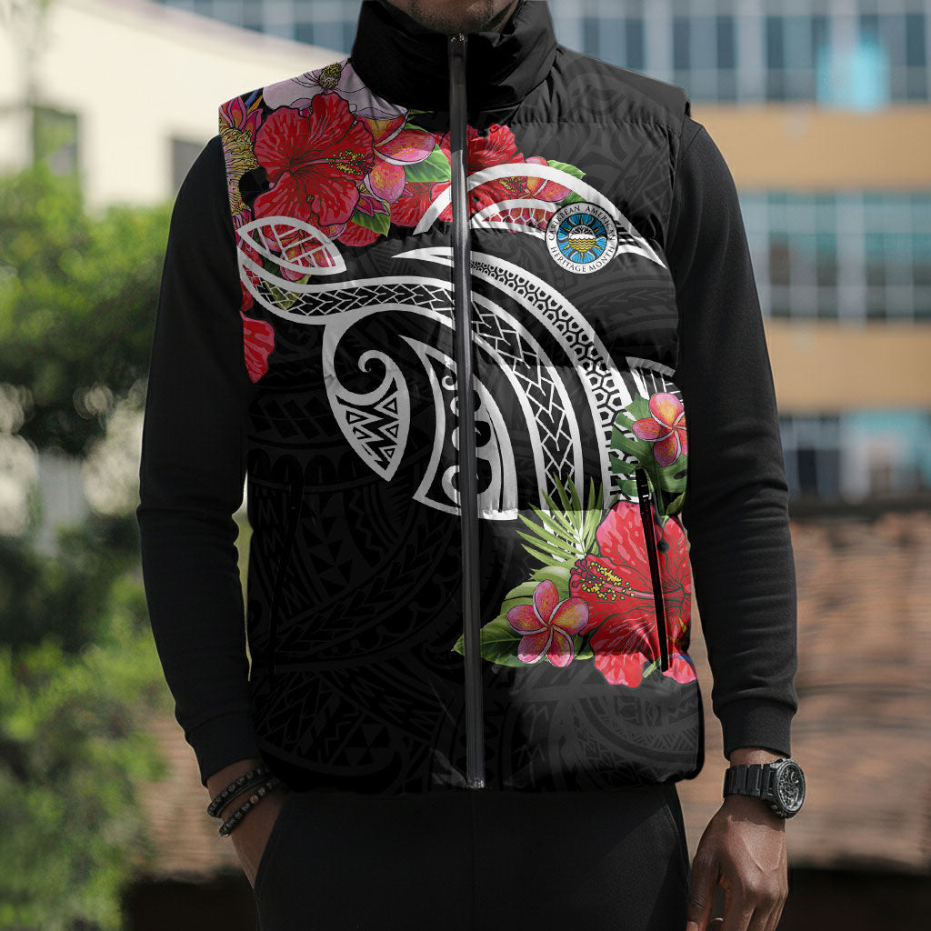 Caribbean American Heritage Month Sleeveless Puffer Jacket Tropical Hibiscus Flower Tribal Tattoo