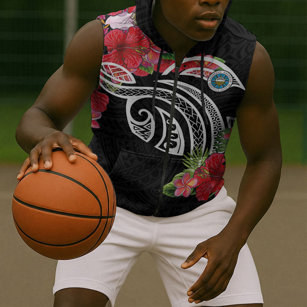 Caribbean American Heritage Month Sleeveless Zip Hoodie Tropical Hibiscus Flower Tribal Tattoo