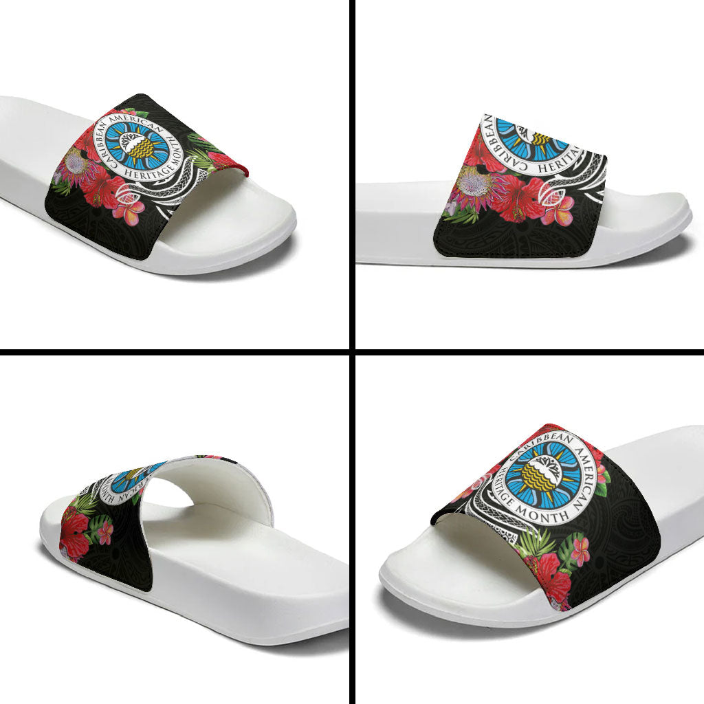 Caribbean American Heritage Month Slide Sandals Tropical Hibiscus Flower Tribal Tattoo