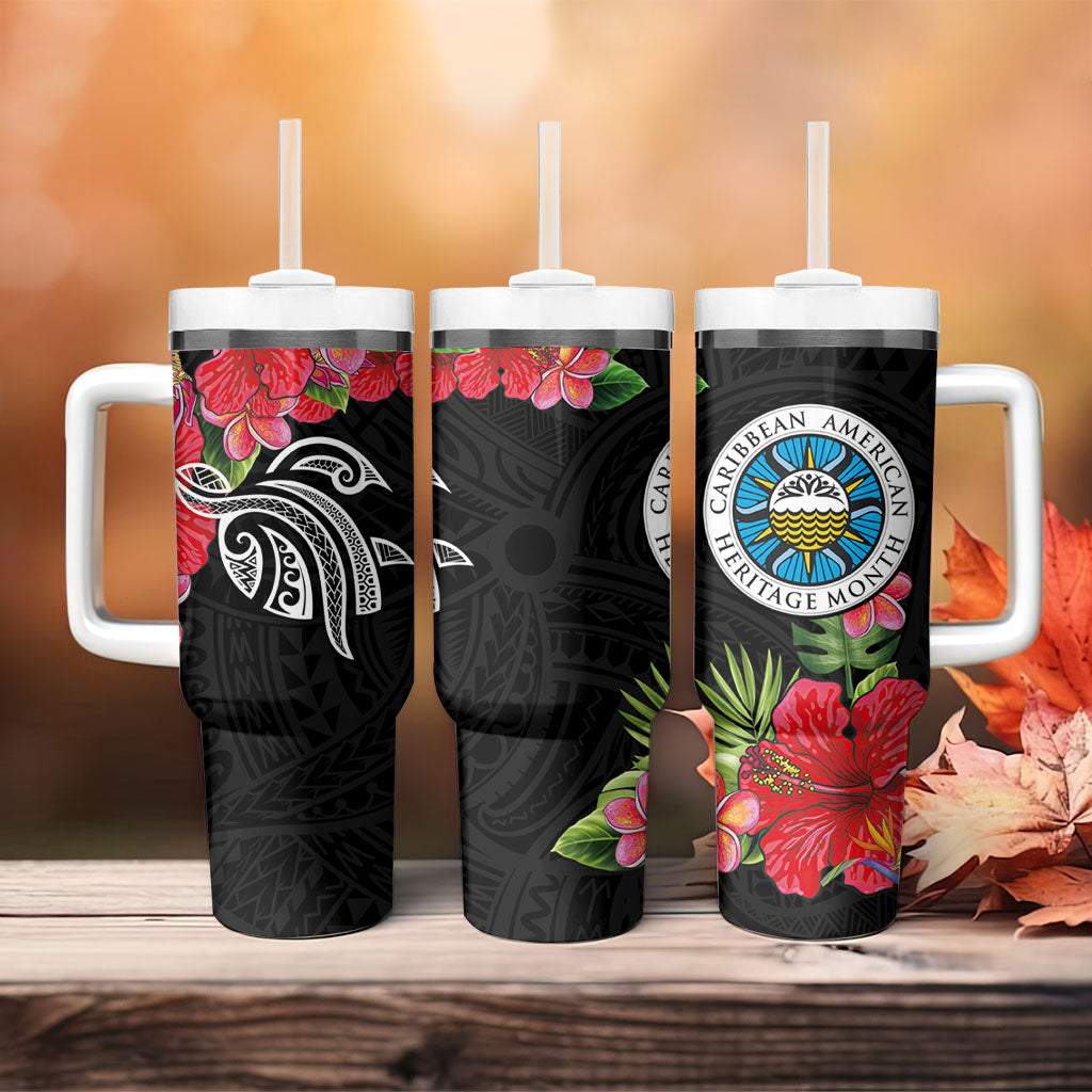 Caribbean American Heritage Month Tumbler With Handle Tropical Hibiscus Flower Tribal Tattoo
