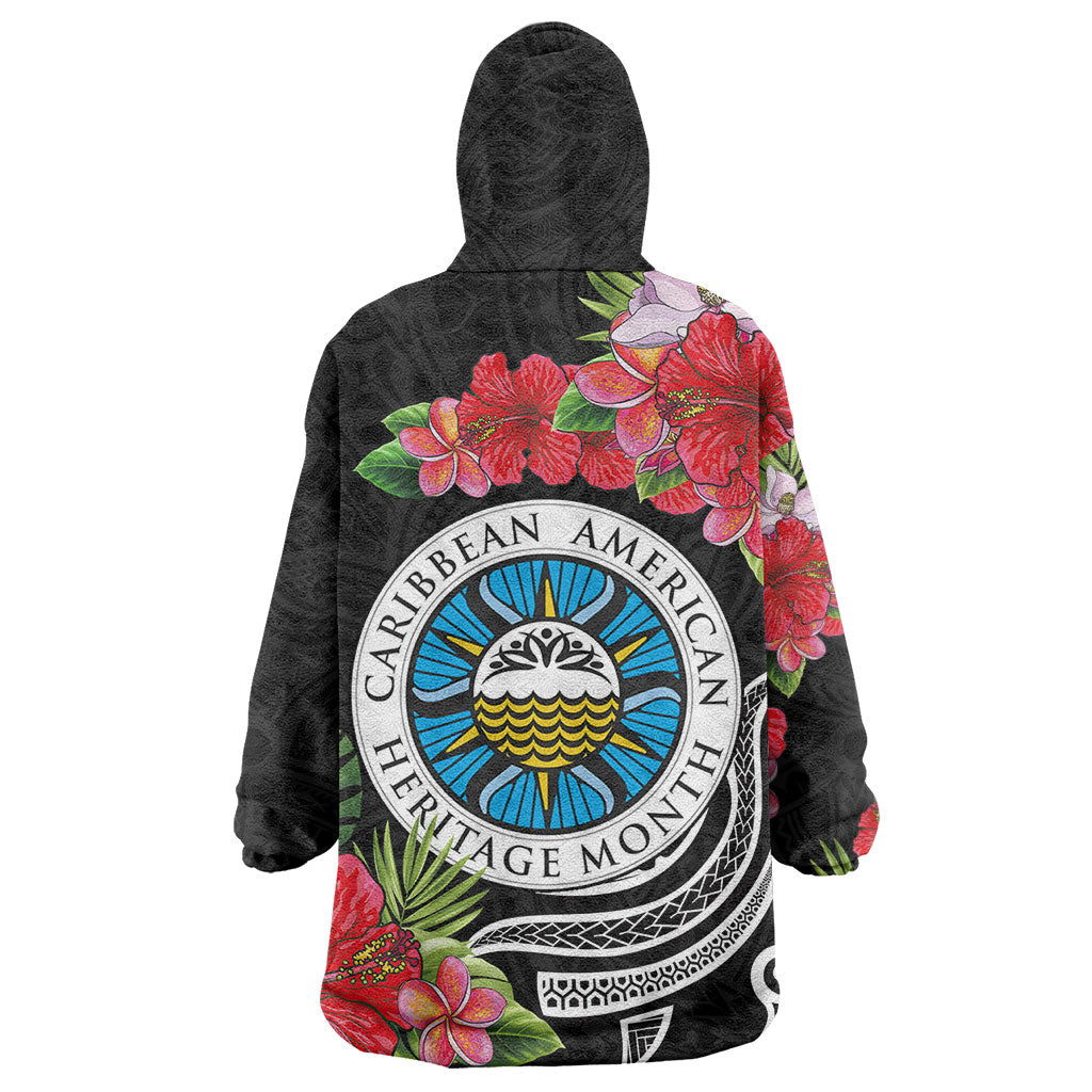 Caribbean American Heritage Month Wearable Blanket Hoodie Tropical Hibiscus Flower Tribal Tattoo