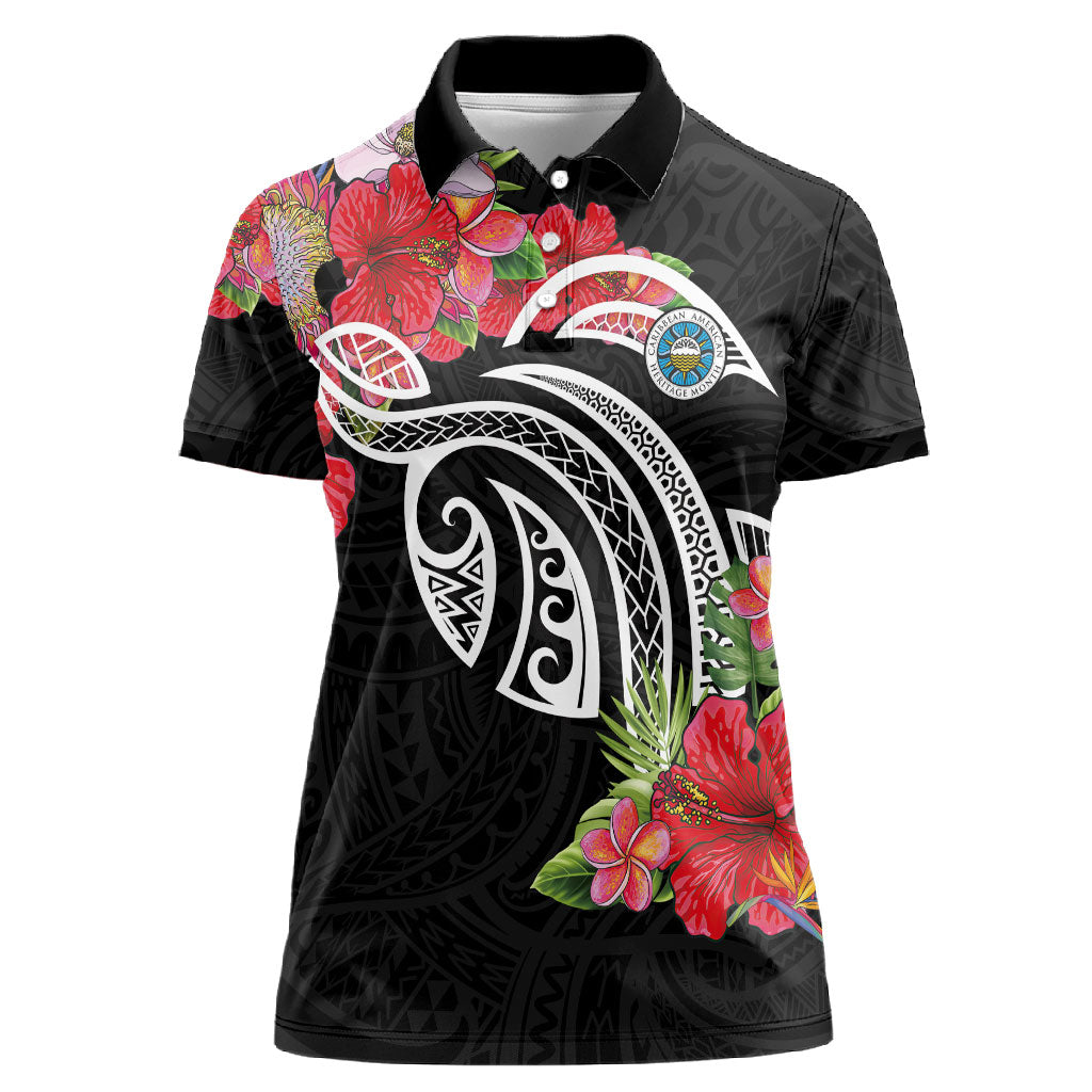Caribbean American Heritage Month Women Polo Shirt Tropical Hibiscus Flower Tribal Tattoo