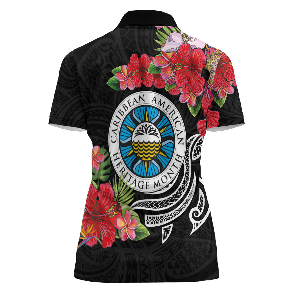 Caribbean American Heritage Month Women Polo Shirt Tropical Hibiscus Flower Tribal Tattoo