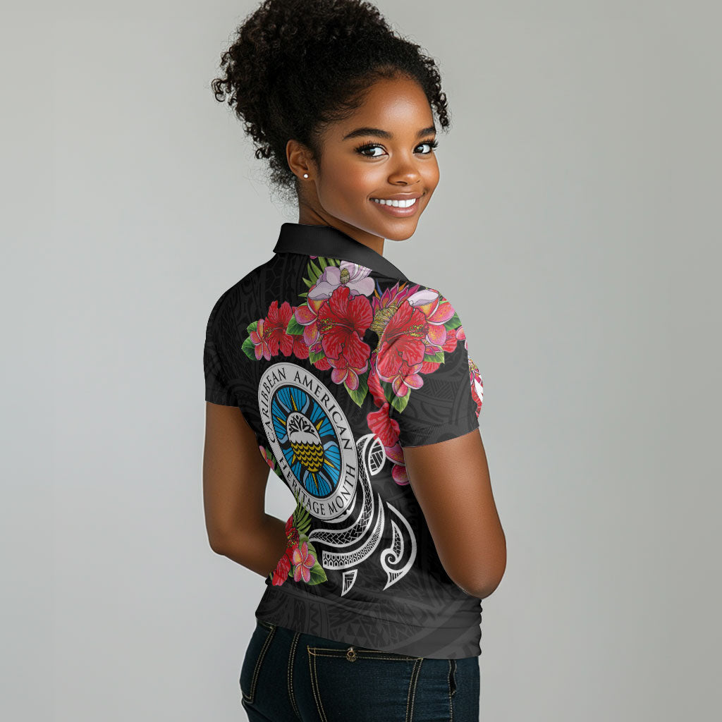 Caribbean American Heritage Month Women Polo Shirt Tropical Hibiscus Flower Tribal Tattoo