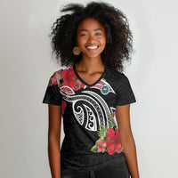 Caribbean American Heritage Month Women V-Neck T-Shirt Tropical Hibiscus Flower Tribal Tattoo