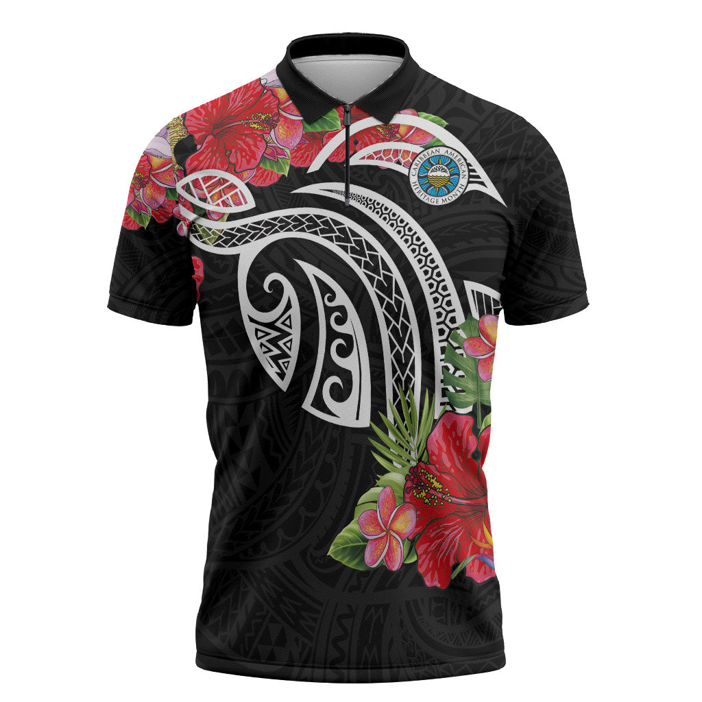 Caribbean American Heritage Month Zipper Polo Shirt Tropical Hibiscus Flower Tribal Tattoo