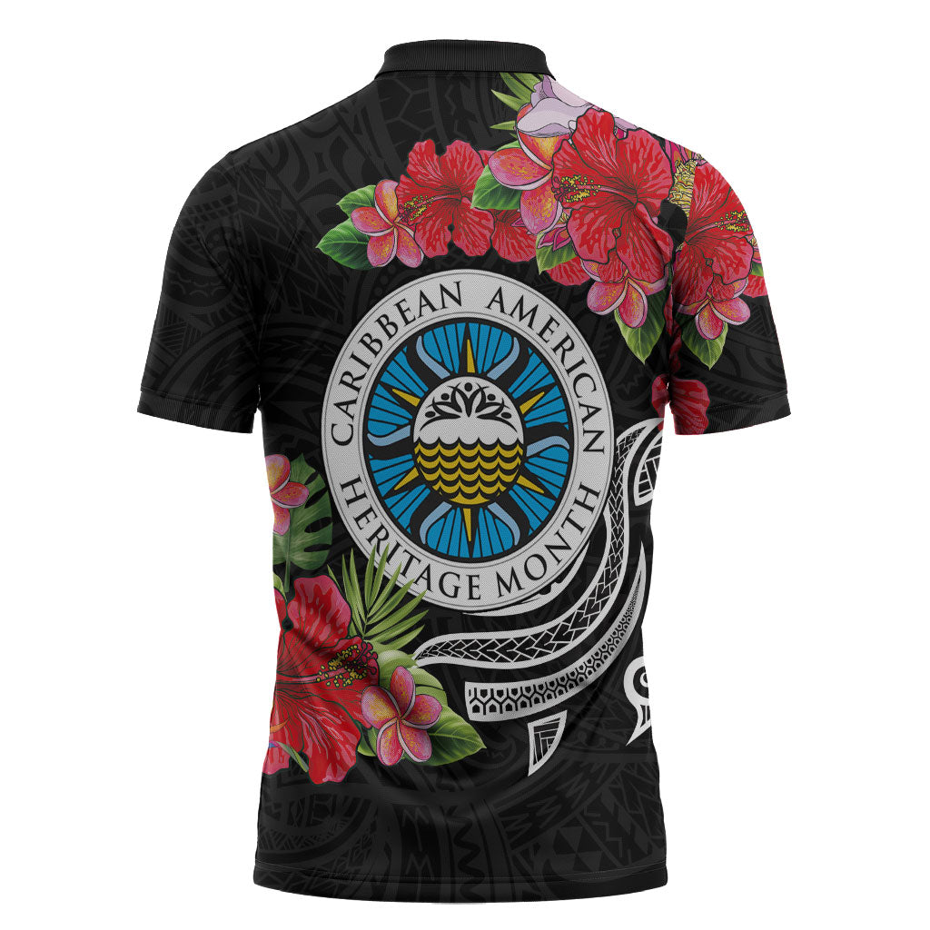 Caribbean American Heritage Month Zipper Polo Shirt Tropical Hibiscus Flower Tribal Tattoo