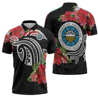 Caribbean American Heritage Month Zipper Polo Shirt Tropical Hibiscus Flower Tribal Tattoo