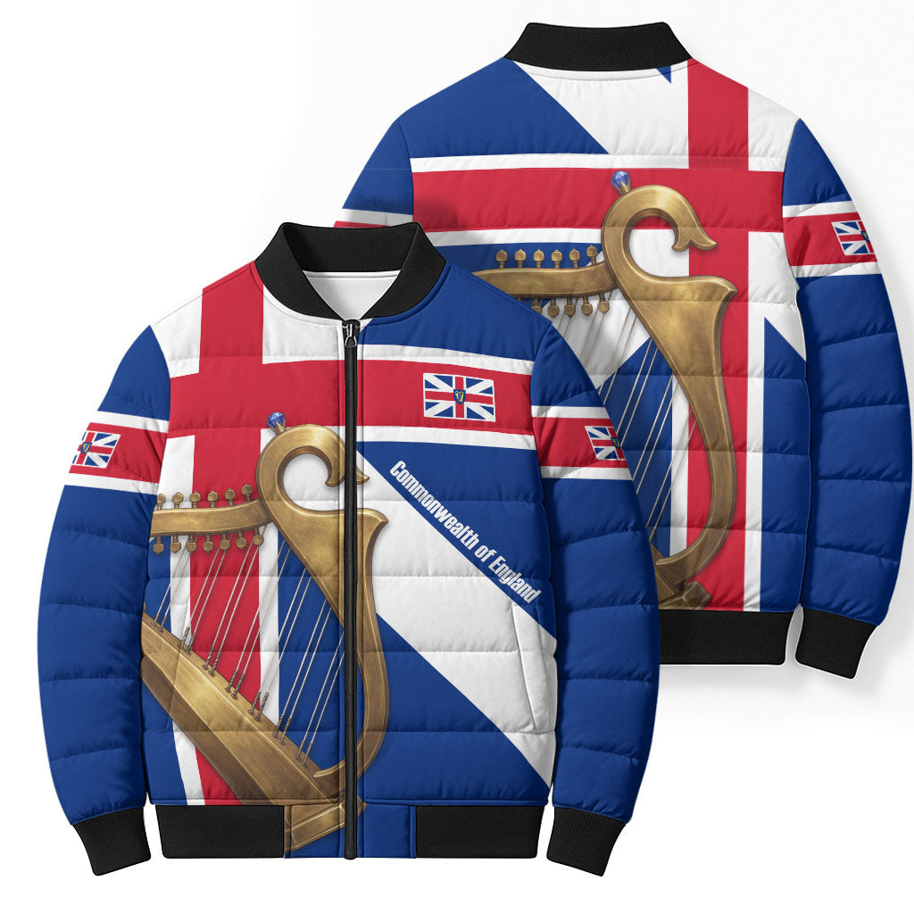 Commonwealth Of England Flag Golden Harp Bomber Puffer Jacket Historical British Heritage