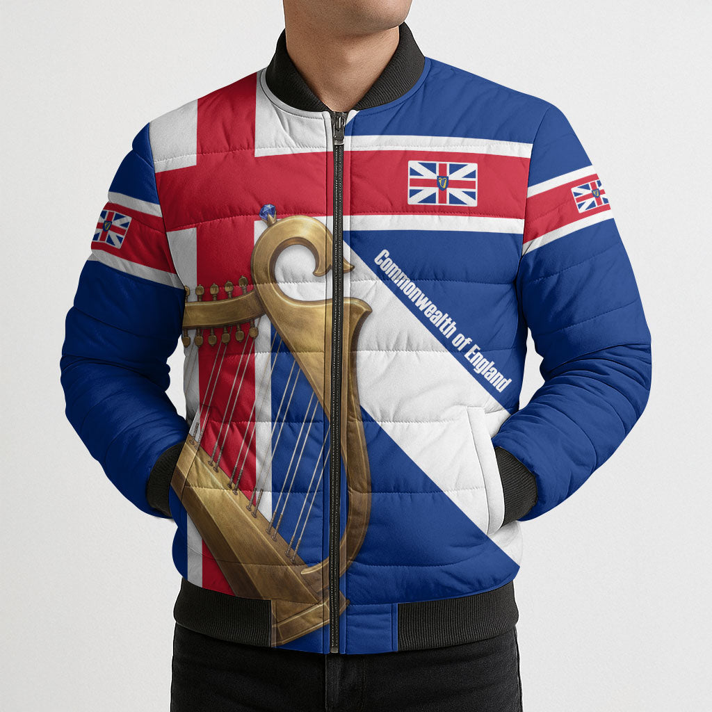 Commonwealth Of England Flag Golden Harp Bomber Puffer Jacket Historical British Heritage