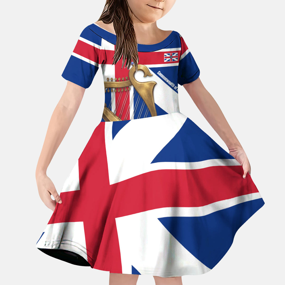 Commonwealth Of England Flag Golden Harp Kid Short Sleeve Dress Historical British Heritage