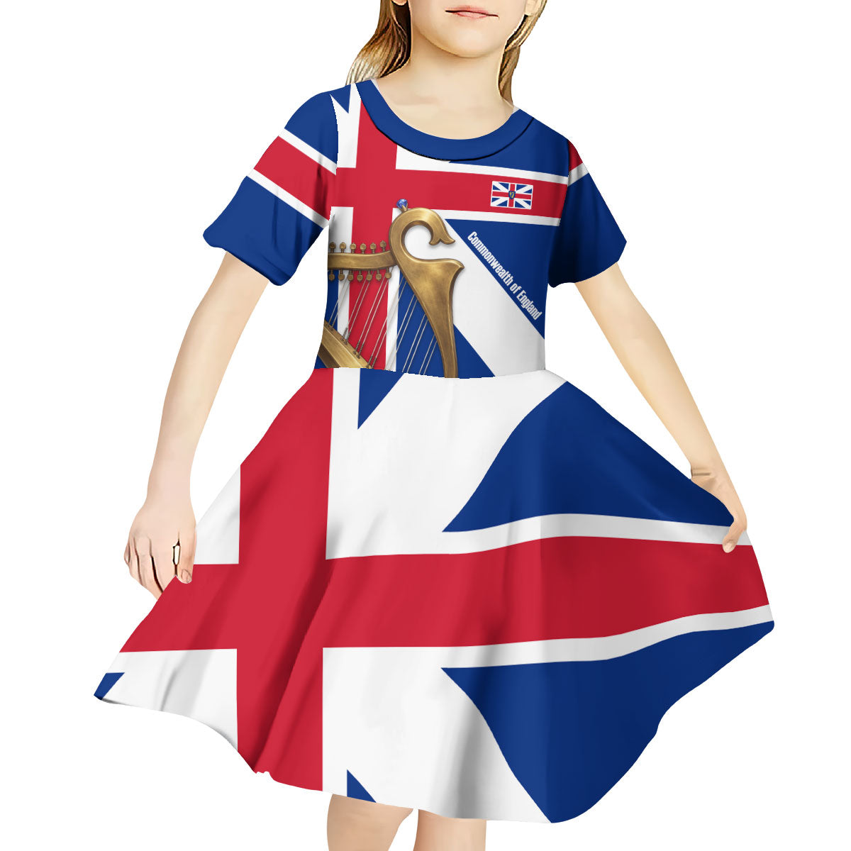 Commonwealth Of England Flag Golden Harp Kid Short Sleeve Dress Historical British Heritage