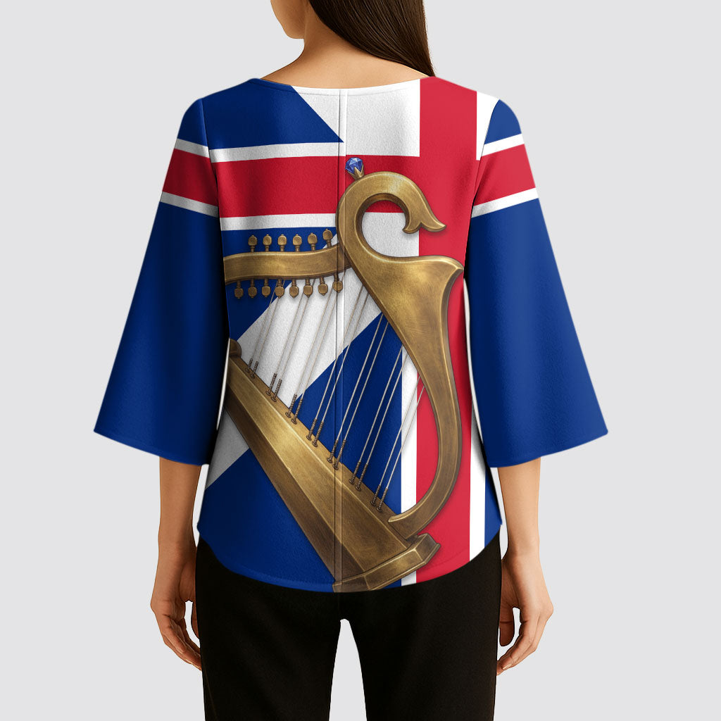 Commonwealth Of England Flag Golden Harp Kimono Sleeve Blouse Historical British Heritage