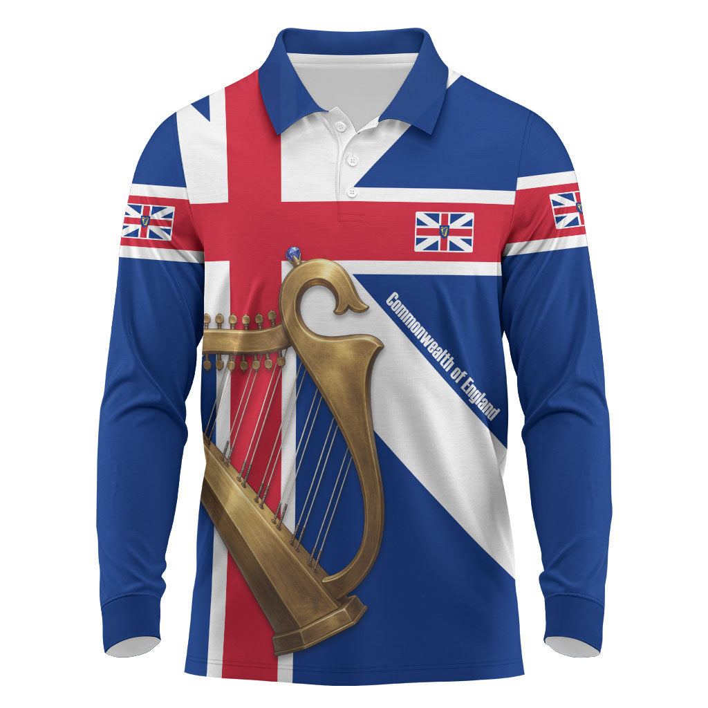 Commonwealth Of England Flag Golden Harp Long Sleeve Polo Shirt Historical British Heritage