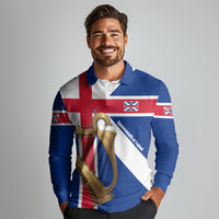 Commonwealth Of England Flag Golden Harp Long Sleeve Polo Shirt Historical British Heritage