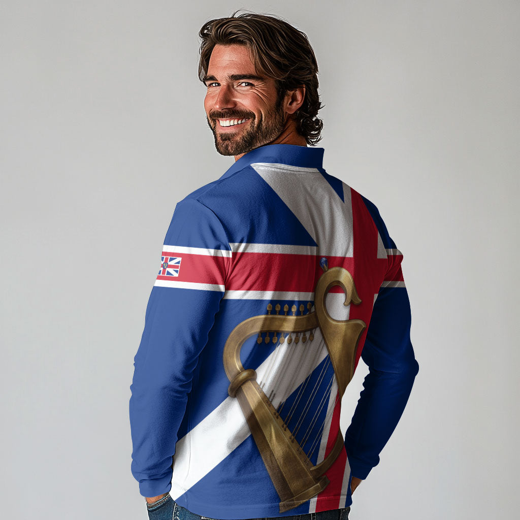 Commonwealth Of England Flag Golden Harp Long Sleeve Polo Shirt Historical British Heritage