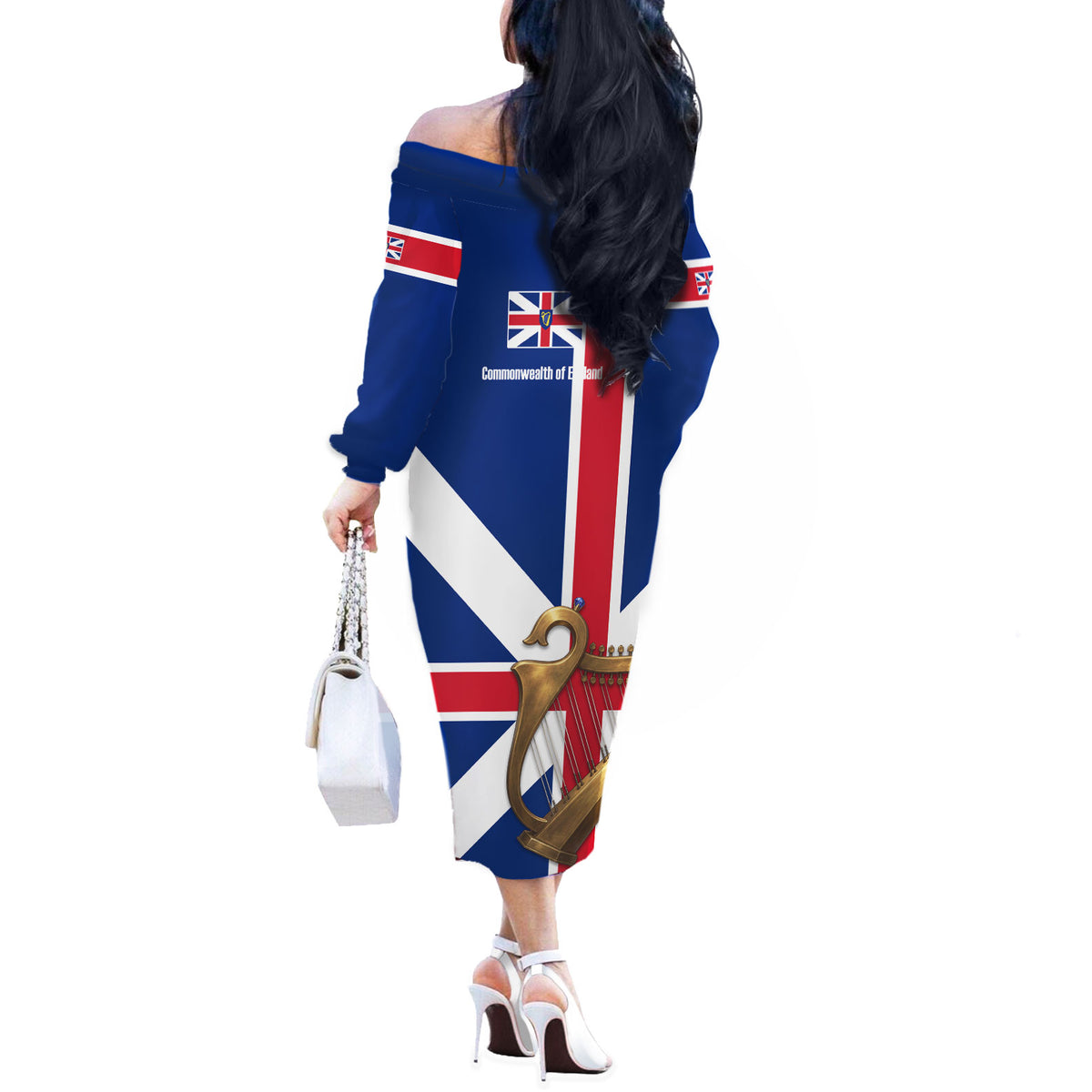 Commonwealth Of England Flag Golden Harp Off The Shoulder Long Sleeve Dress Historical British Heritage