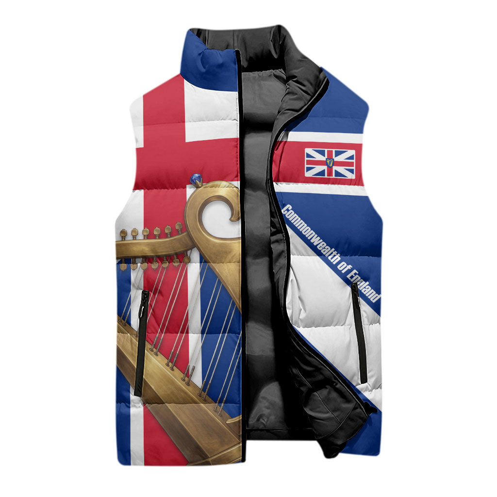 Commonwealth Of England Flag Golden Harp Sleeveless Puffer Jacket Historical British Heritage